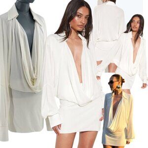 🆕 RAT & BOA 🧿 NWOT Stella White Long Sleeve Cowl Neck Mini Dress, Sz L